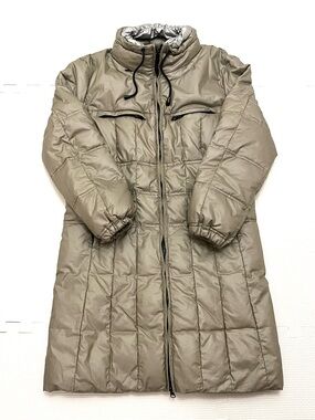Armani Jeans Quilted Puffer Coat Beige Zip Front Hidden Hood Size 8